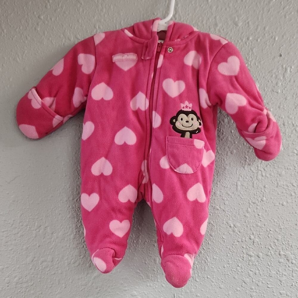 Adorable Pink Heart Footie with Monkey Pocket